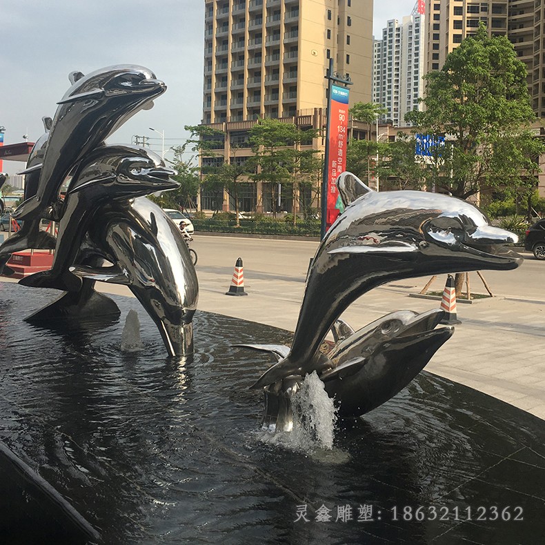 镜面海豚不锈钢校园雕塑