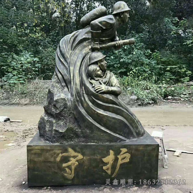 喷水消防员户外铜雕