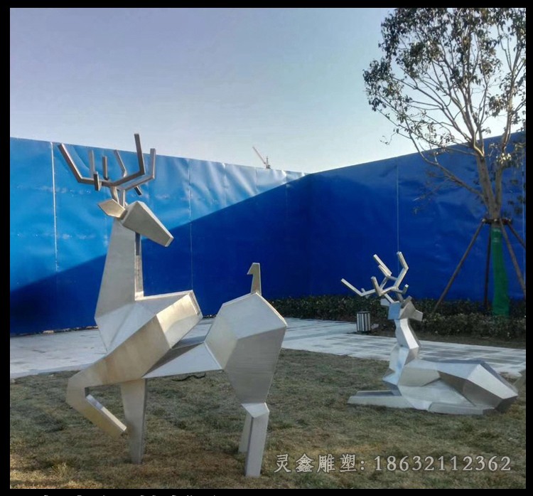 不锈钢几何梅花鹿校园雕塑