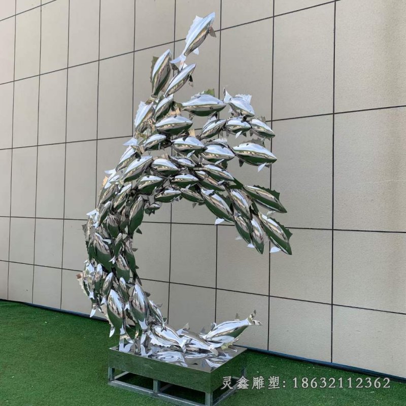 不锈钢镜面鱼群景观雕塑