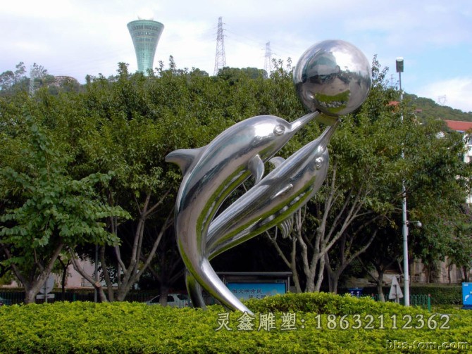 不锈钢动物海豚庭院雕塑