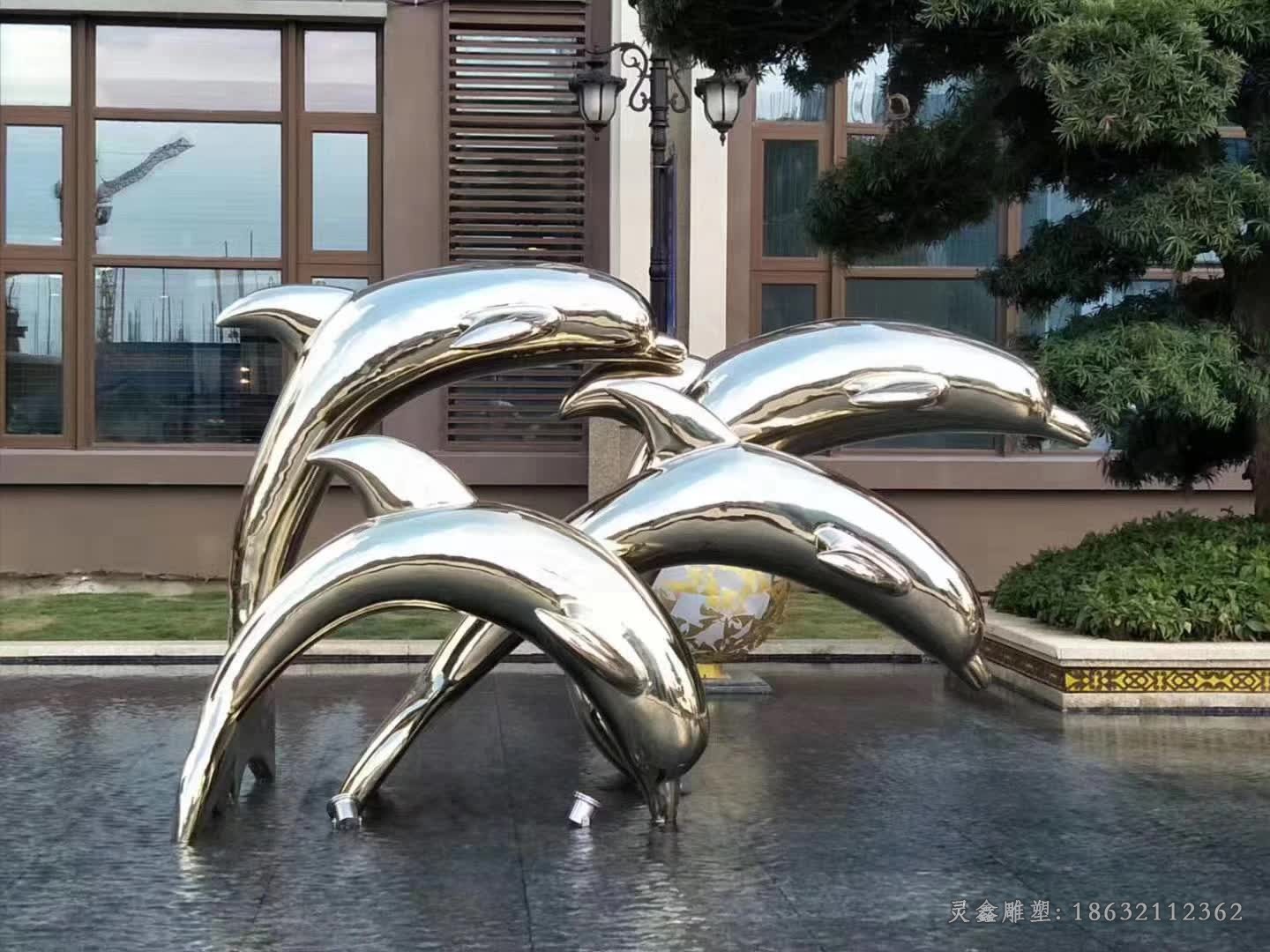 不锈钢别墅海豚景观雕塑