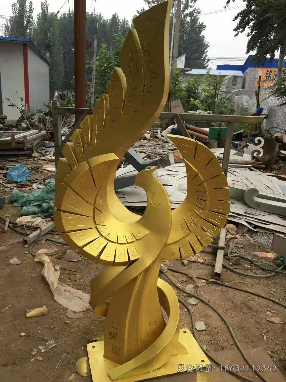 不锈钢金色凤凰庭院雕塑