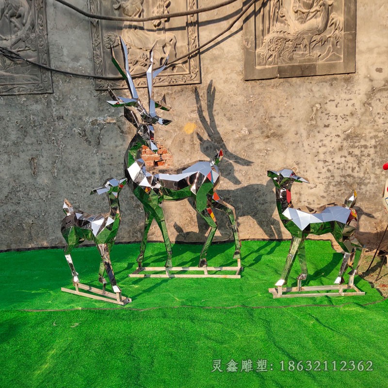几何不锈钢三只小鹿商场雕塑
