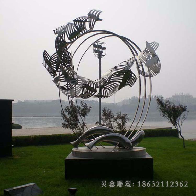 镂空海豚白色不锈钢雕塑