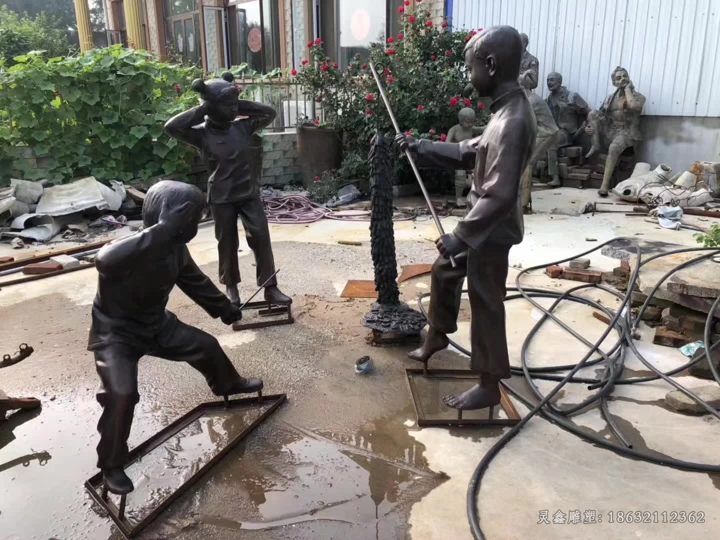 放鞭炮人物景观铜雕